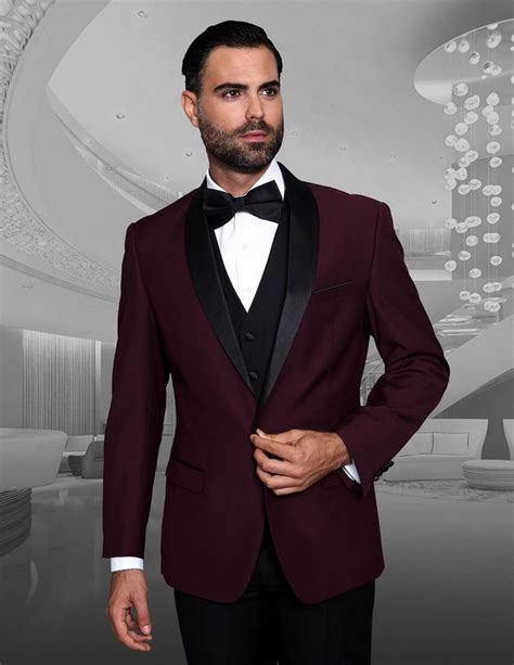 burgundy suit with bow tie.